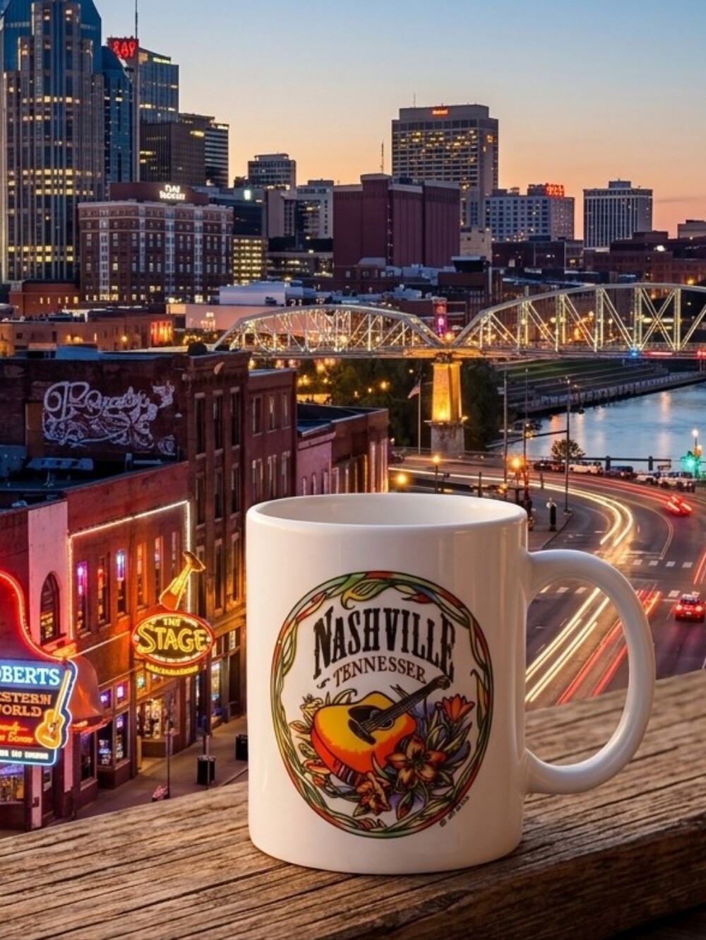 Nashville Tennessee Guitar Floral Coffee Vintage Souvenir Travel Mug